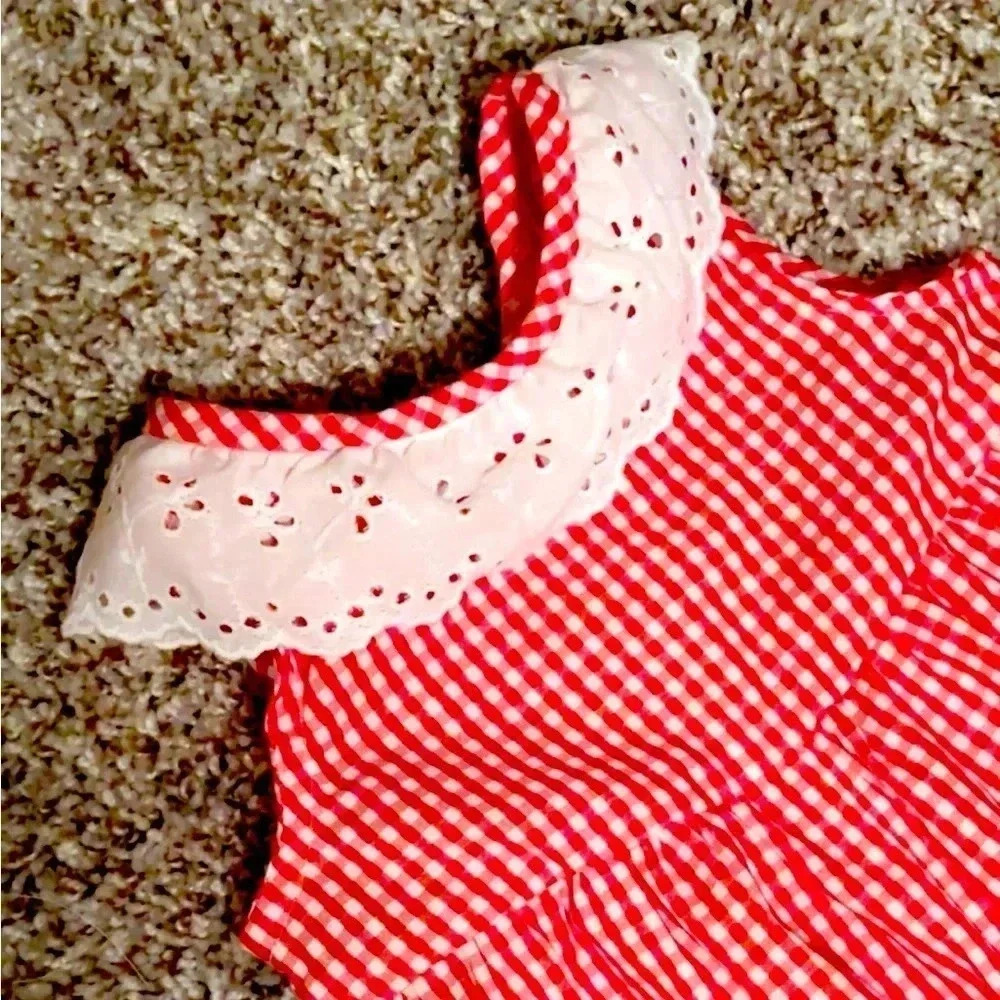 NWOT Custom Made Girls Baby Toddler 18M Red Gingham White Lace Summer Romper
